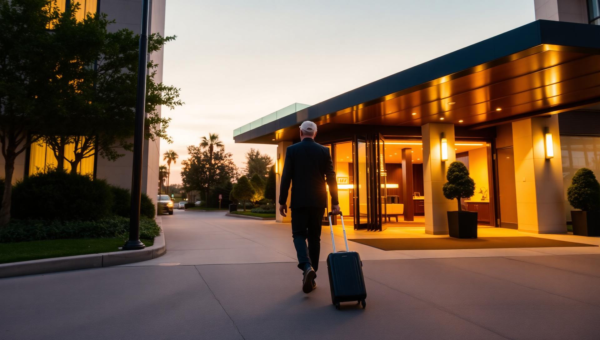Buyer arriving at a mid-scale American hotel at dusk