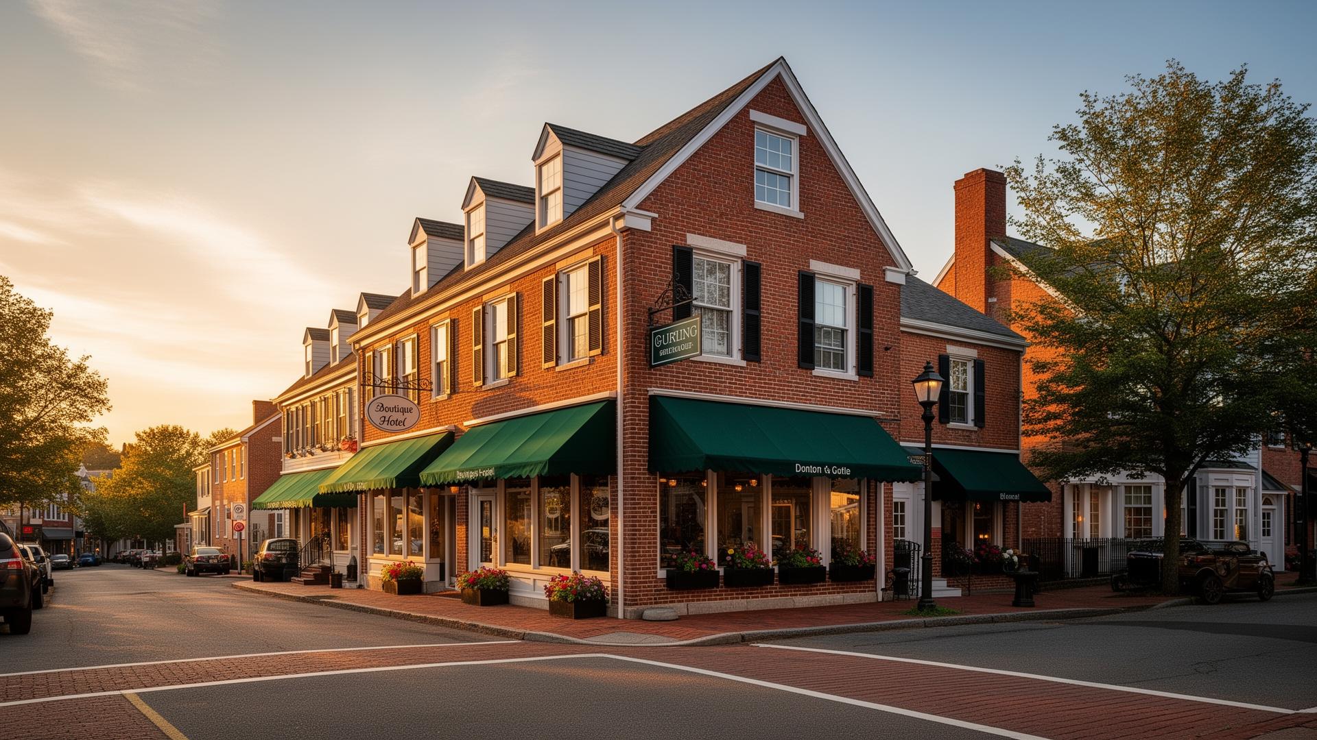 Historic brick boutique hotel on a New England main street